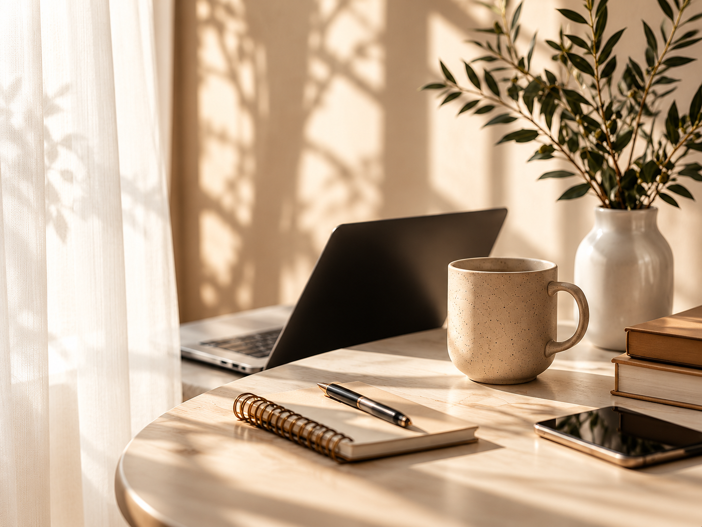 Un bureau lumineux avec un ordinateur, un carnet, une tasse et une plante